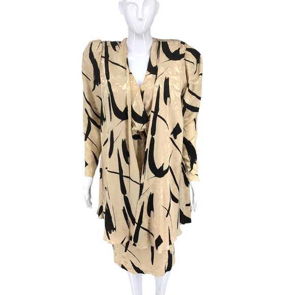 Vintage 1980's Saint Romei Sz 8 100% Silk 2 Pc Set Dress Jacket Abstract Korea - Picture 2 of 11